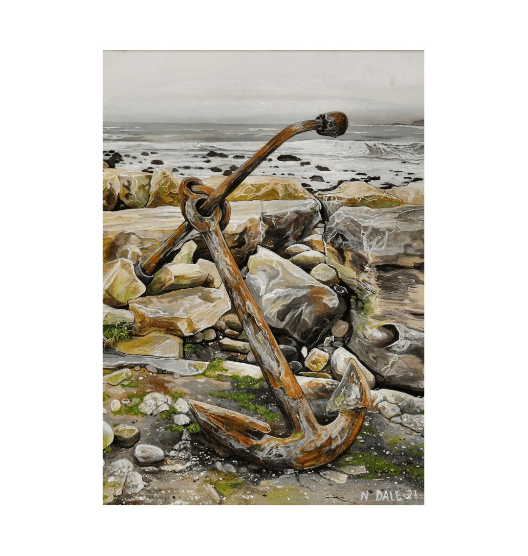 Image of a Large Art Print (A3 size) featuring a copy of the painting 'The Sea Anchors The Land To The Sky' by Nick Dale. The print depicts an old anchor lying at rest under a leaden sky upon the foreshore at Chapman's Pool, near Worth Matravers, Dorset.