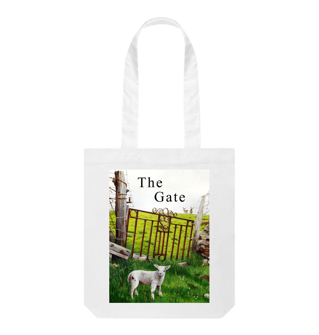 Image of a White Tote Bag featuring a copy of a detail from the painting 'The Gate' by Nick Dale, with the words 'the Gate' written above the gate. The bag depicts a lamb in front of an ornamental garden gate reused by a farmer somewhere in North Devon, probably to the south of Valley of Rocks, Lynton. The lamb was observed on Lundy Island, Devon.