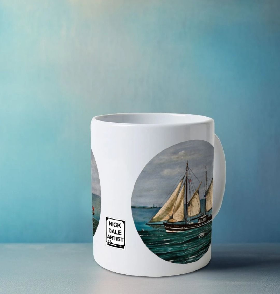Image of a White Mug on a white surface featuring a copy of the painting 'Moonfleet Sailing Past Portland' by Nick Dale. Image also shows the artist's logo on the mug. The mug handle is obscured behind the mug. The mug depicts the tall ship Moonfleet sailing past the western coast of Portland, Dorset. As observed from Ringstead Beach.