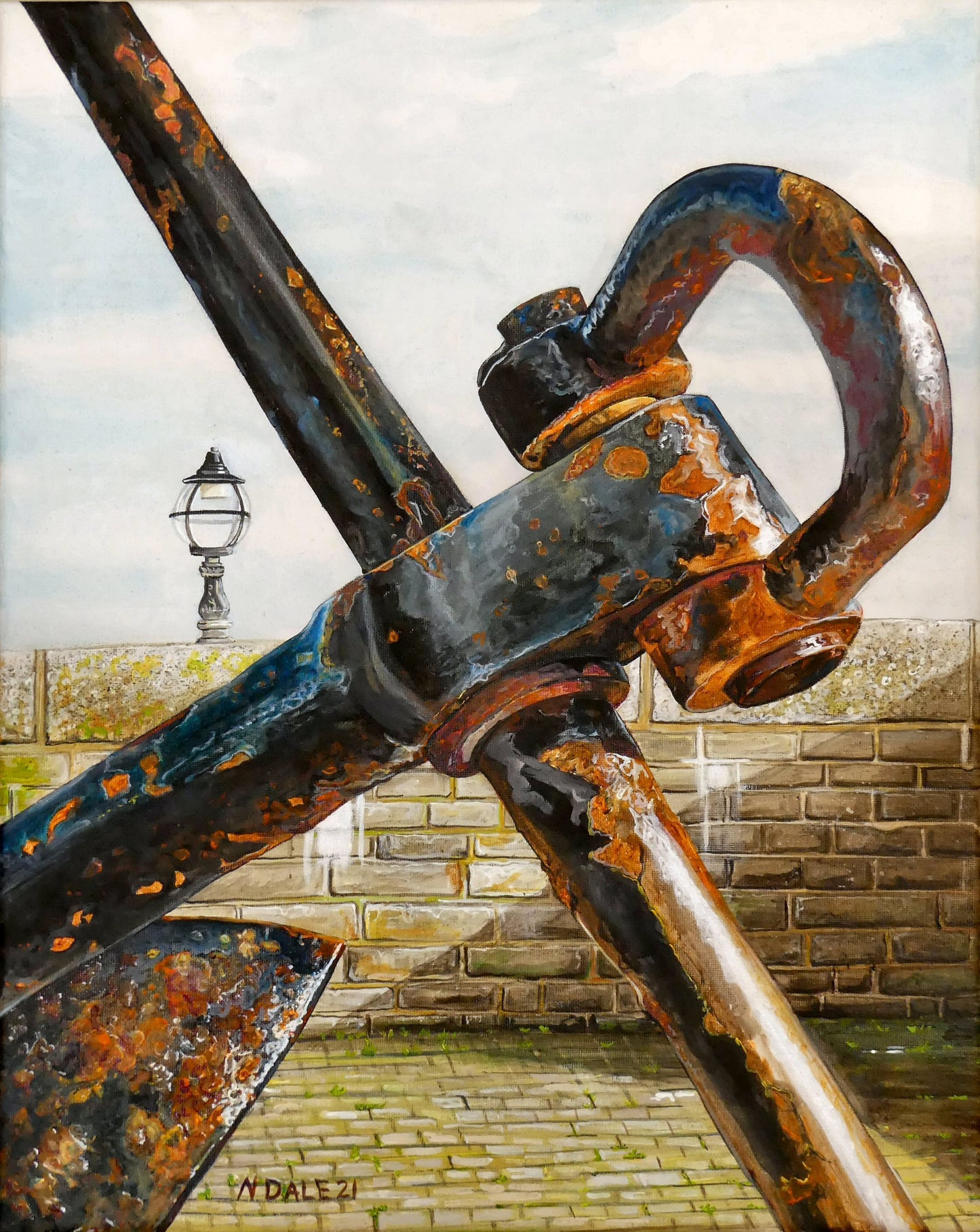 Image of Medium Art Print featuring a copy of the painting 'Anchored To The Sea At Lyme Regis' by Nick Dale. The print depicts a close up of a large anchor situated on Lyme Regis seafront along Gun Cliff Walk. The anchor was gifted from Portland Royal Naval Base in memory of all the Lyme Regis men and women who made their living from the sea.
