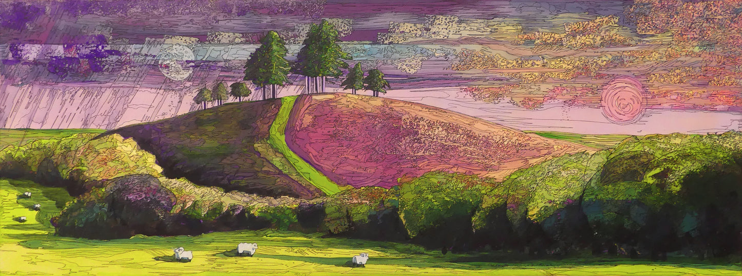 Image of the original painting 'Colmer's Hill Evening' by Nick Dale. The painting depicts the prominent sandstone conical hill near the village of Symondsbury in West Dorset, with both the setting sun and rising moon depicted above it. The hill is topped with pine trees to commemorate those who died in World War I.