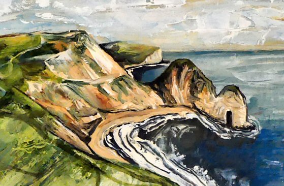 Image of a Small Art Print featuring a copy of a detail from the painting 'Durdle Door From The West:' by Nick Dale. The print depicts a view along the Jurassic Coast to the famous Dorset limestone arch landmark, as seen from the coastal path to the west.