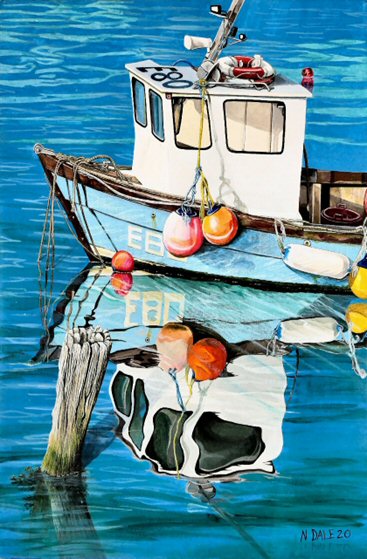Image of a Small Art Print featuring a copy of the painting 'God's Own 99 Flake Pierces The Veil' by Nick Dale. The print depicts a fishing boat at rest within the harbour of Lyme Regis, Dorset. The title is based on the similarity of the wooden pile to a chocolate flake as inserted into an ice cream cone. This seemed appropriate given the draw of the town to tourists.