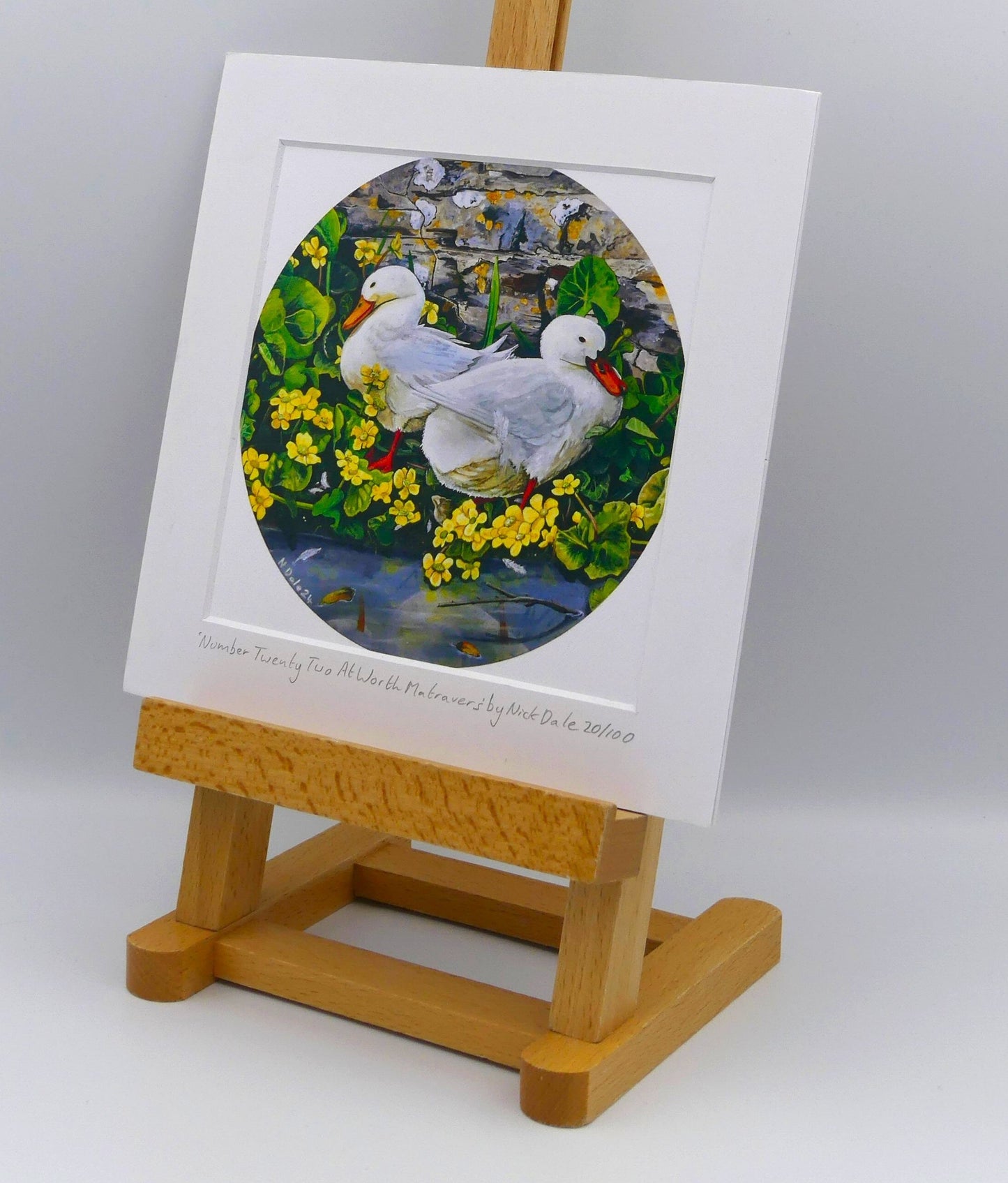 Image of Square Medium Art Print featuring a copy of the painting 'Number Twenty Two At Worth Matravers' by Nick Dale. The print depicts 2 domestic ducks on the edge of the duck pond at Worth Matravers in Dorset. 'Two Little Ducks' is often used as the call in bingo for the number 22 - hence the title of the painting. The print is situated on a small easel.
