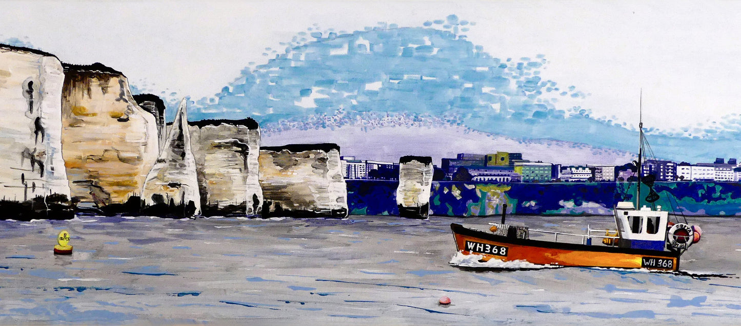 Image of Medium Art Print featuring a copy of a detail of the painting 'Old Harry Rocks' by Nick Dale. The print depicts the chalk formations located at Handfast Point, south of Studland Bay; as viewed from Peveril Point, Swanage. Also depicted is a small fishing boat returning to Swanage and the Bournemouth skyline beyond the cliffs.
