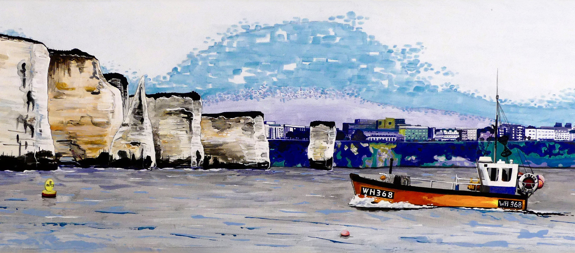 Image of Medium Art Print featuring a copy of a detail of the painting 'Old Harry Rocks' by Nick Dale. The print depicts the chalk formations located at Handfast Point, south of Studland Bay; as viewed from Peveril Point, Swanage. Also depicted is a small fishing boat returning to Swanage and the Bournemouth skyline beyond the cliffs.