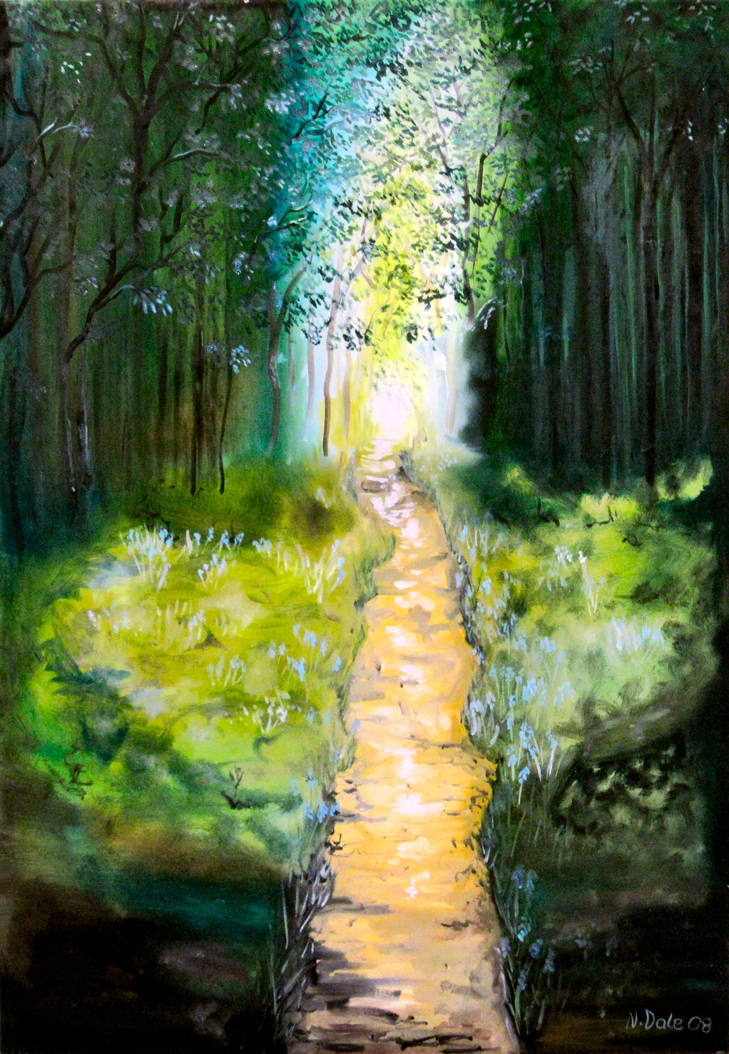 Image of a Small Art Print featuring a copy of the painting 'The Light of the World' by Nick Dale. The print depicts a woodland path at Westonbirt Arboretum (near the town of Tetbury in Gloucestershire) illuminated by the sunlight streaming through the trees.