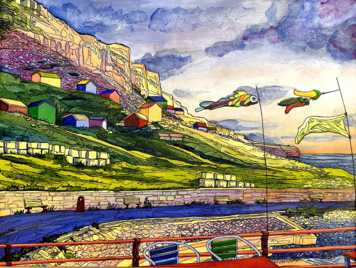Image of the original painting 'Where Chesil Beach Meets Portland' by Nick Dale. The painting depicts the point where Chesil Beach meets the Isle of Portland, Dorset. In the foreground are the chairs and decorative flags of Quiddles Café Beach Bar. On the slopes below the cliffs of Portland are the many beach huts which overlook the iconic Chesil Cove.