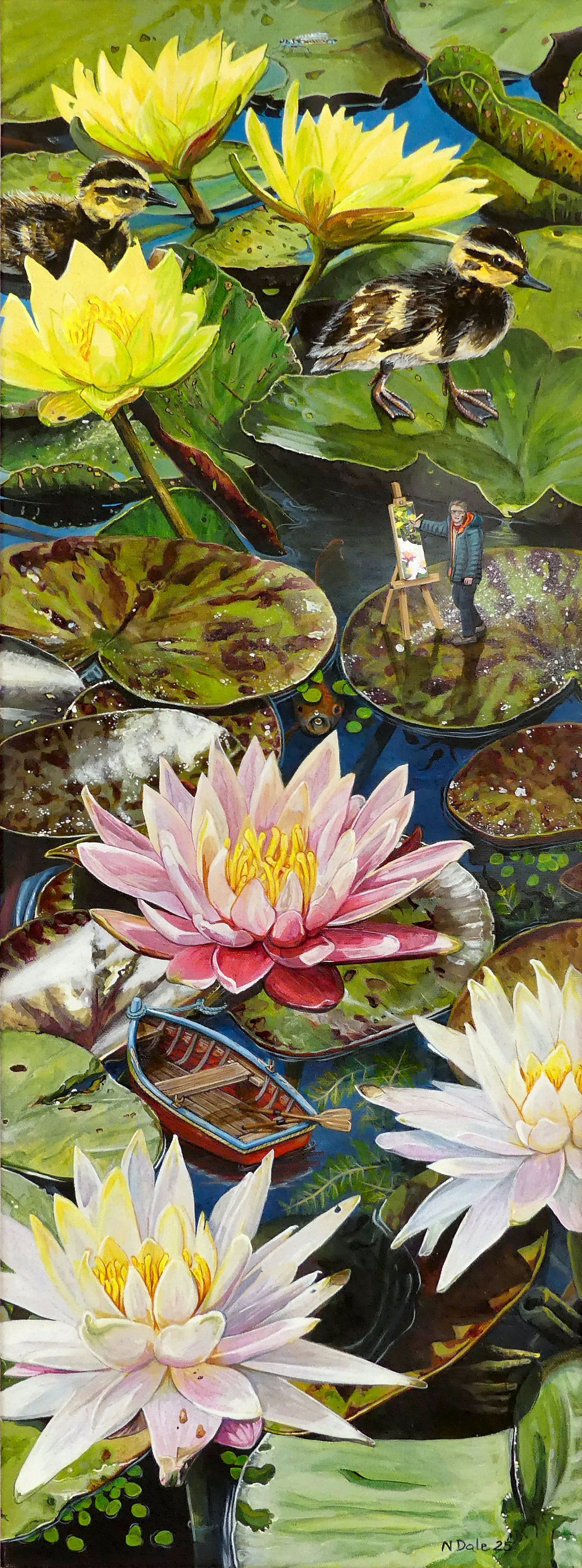 Image of the original painting 'Down Among The Water Lilies' by Nick Dale. The painting depicts a close-up view of the water lilies at Bennetts Water Gardens in Weymouth, with the twist of the artist being included in the depiction as if shrunk down to lilliputian dimensions whilst capturing the scene on canvas.