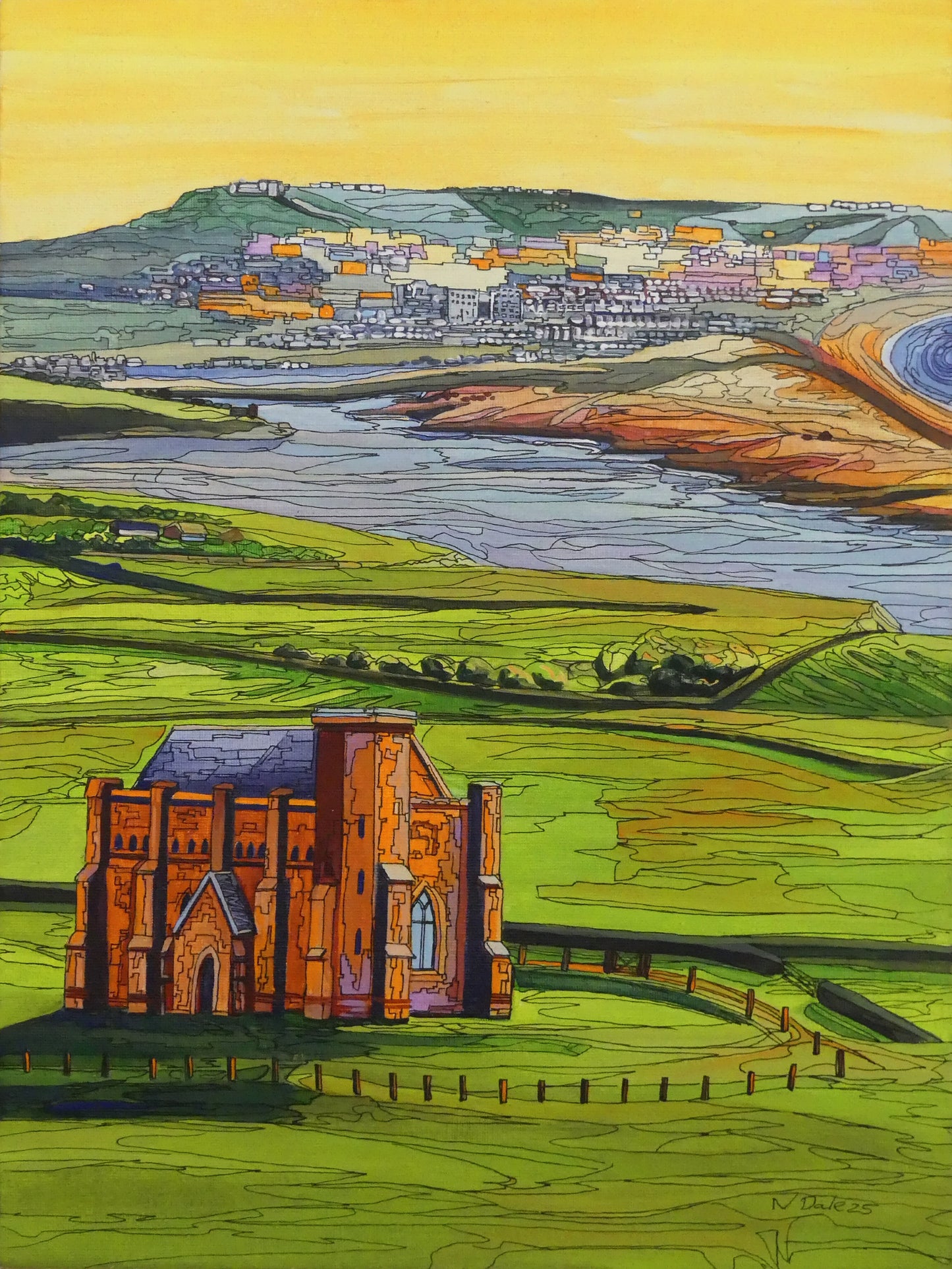Image of the original painting 'Abbotsbury To Portland' by Nick Dale. The painting depicts the view along the Dorset coast from St Catherine's Chapel above Abbotsbury, across The Fleet lagoon to Chesil Beach and ultimately to Portland beyond it.