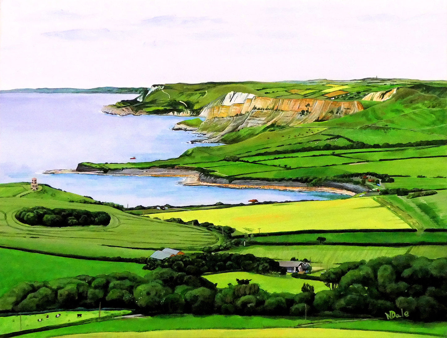 Image of the original painting 'Kimmeridge Bay' by Nick Dale. The painting depicts the view over Clavell Tower and Kimmeridge Bay across to Worbarrow Bay & Mupe Bay, with Weymouth Bay in the distance.