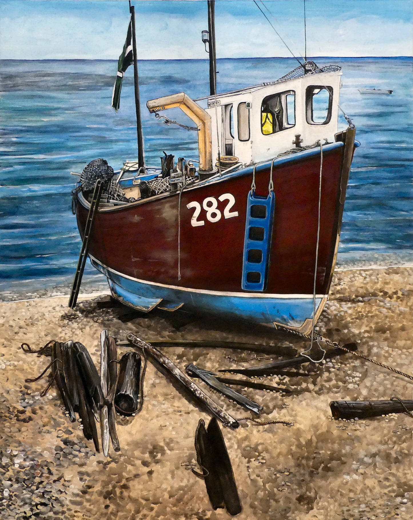 Image of the original painting 'Relaxing Beer' by Nick Dale. The painting depicts a fishing boat beached at Beer, Devon. The wood is laid under the boats to aid in their winching up the shingle beach.