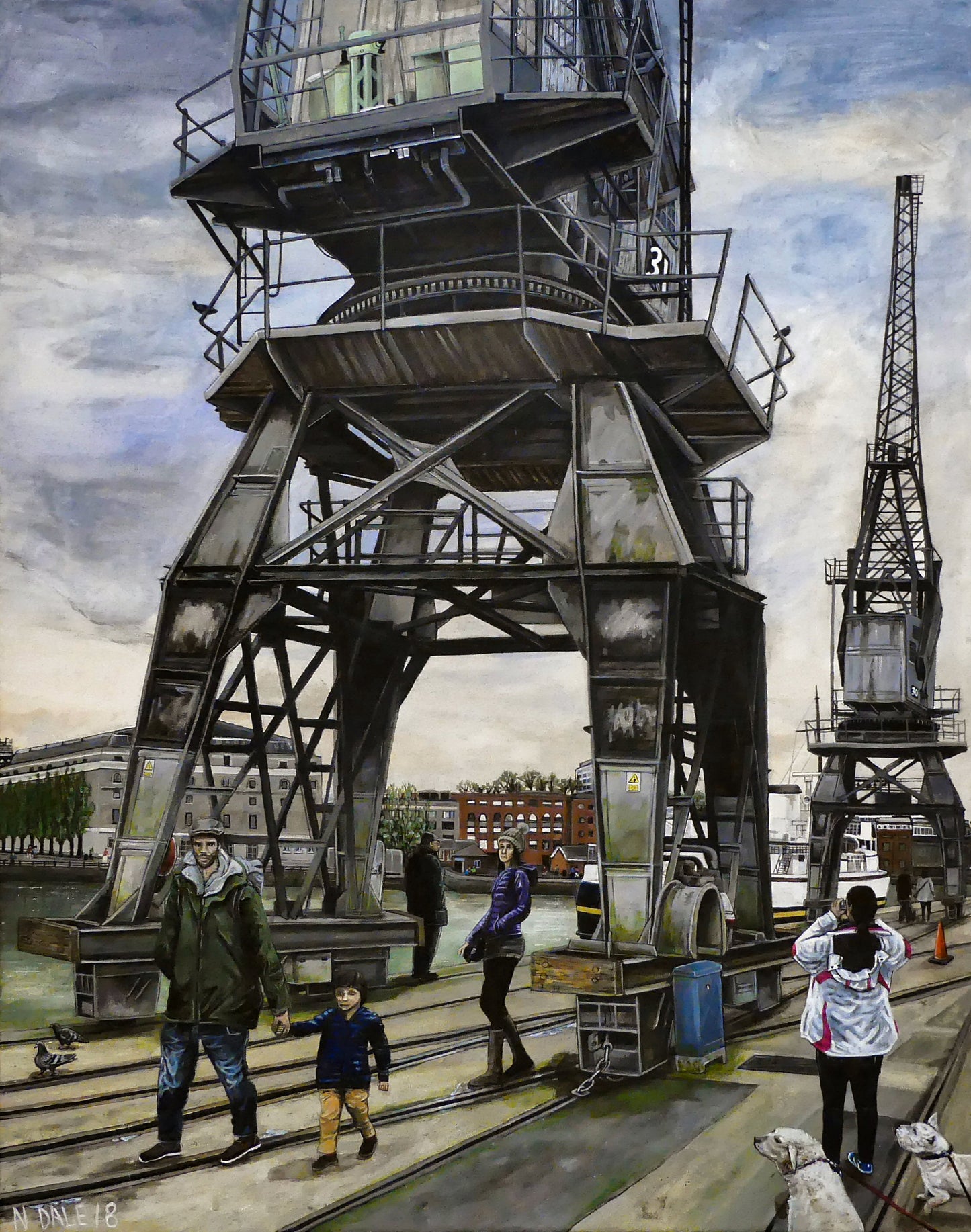 Image of the original painting 'The Sentinels' by Nick Dale. The painting depicts the iconic tower cranes of Bristol Docks and the classic ship MV Balmoral beyond them.