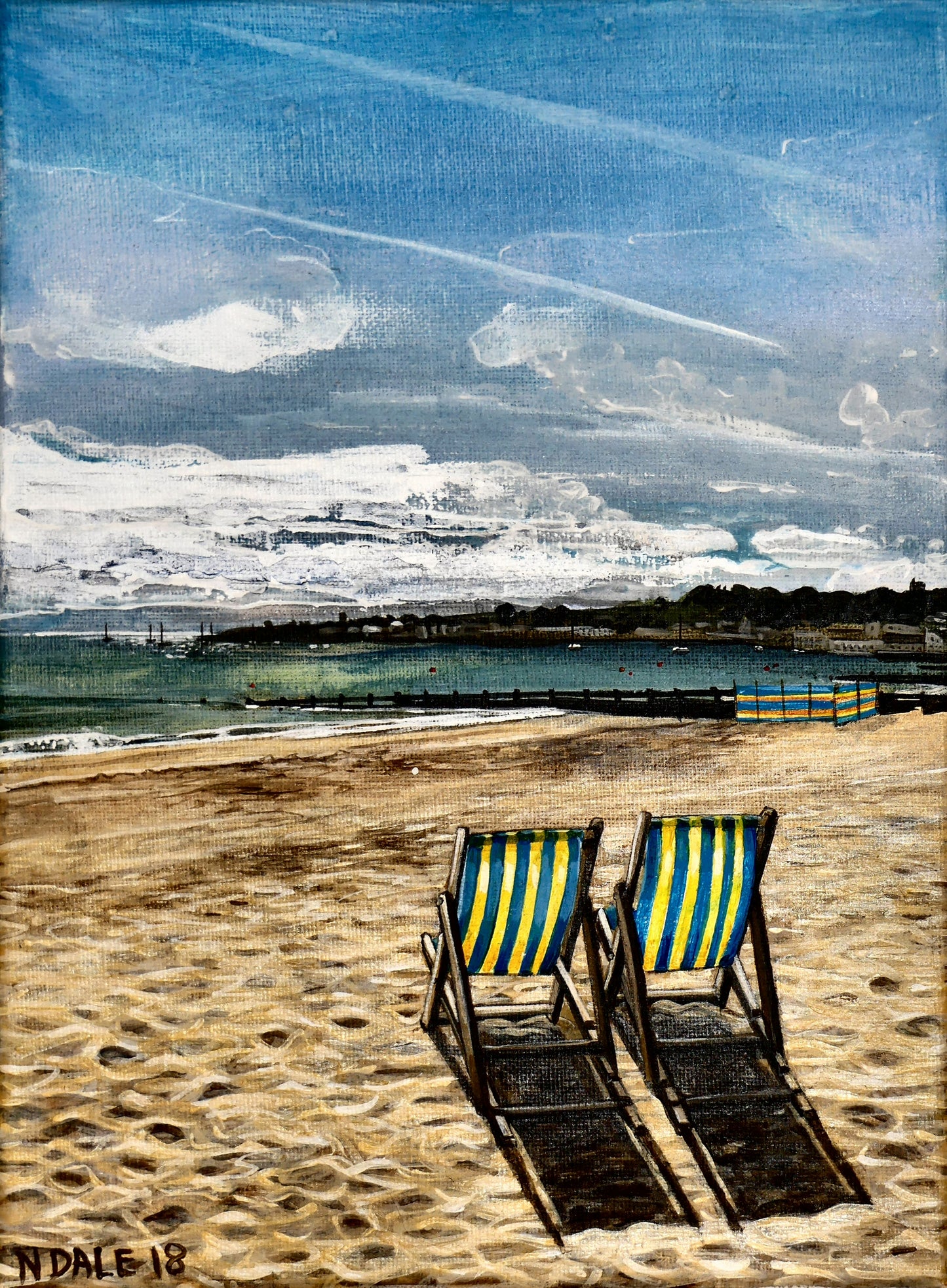 Image of the original painting 'Two Deck Chairs On Swanage Beach' by Nick Dale. The painting depicts two deck chairs overlooking the calm water from Swanage Beach (Dorset) towards Peveril Point.