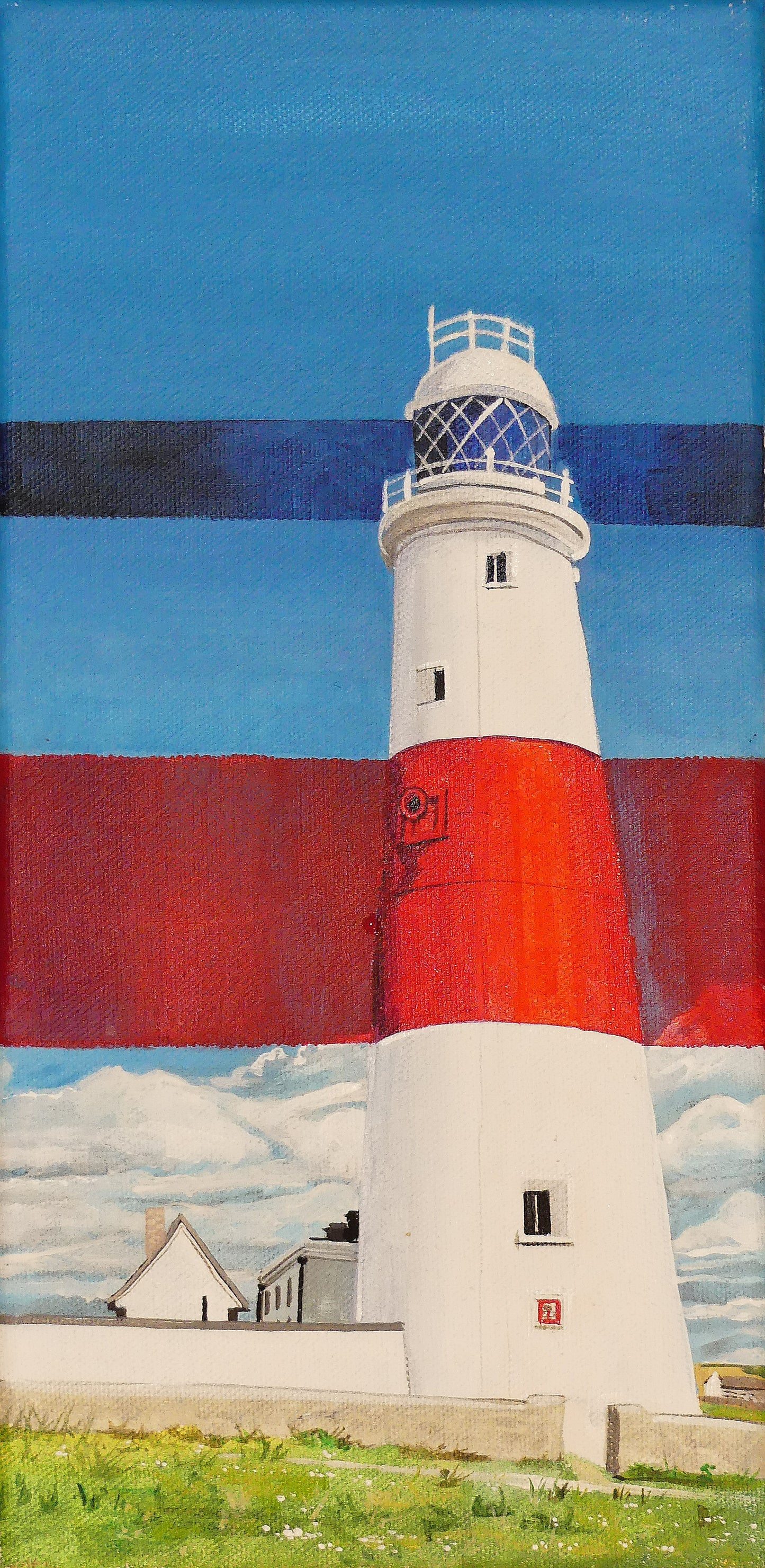Image of the original painting 'Rothko's Work Experience At Portland Bill Lighthouse' by Nick Dale. The painting depicts what might happen if the abstract painter Mark Rothko worked at Portland Bill Lighthouse in Portland, Dorset.