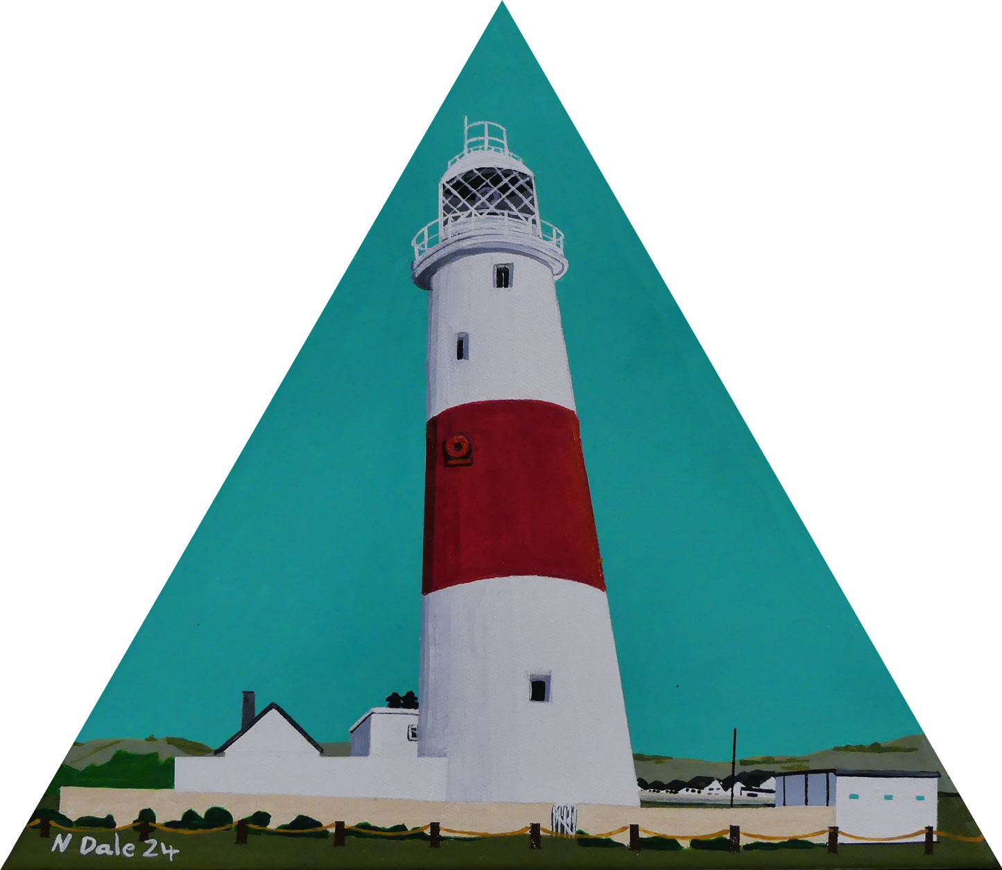 Image of the original painting 'Portland Bill Lighthouse Looking North' by Nick Dale. The painting depicts a view of Portland Bill Lighthouse as seen from the sea, looking north. The painting is in an unusual equilateral triangle format.