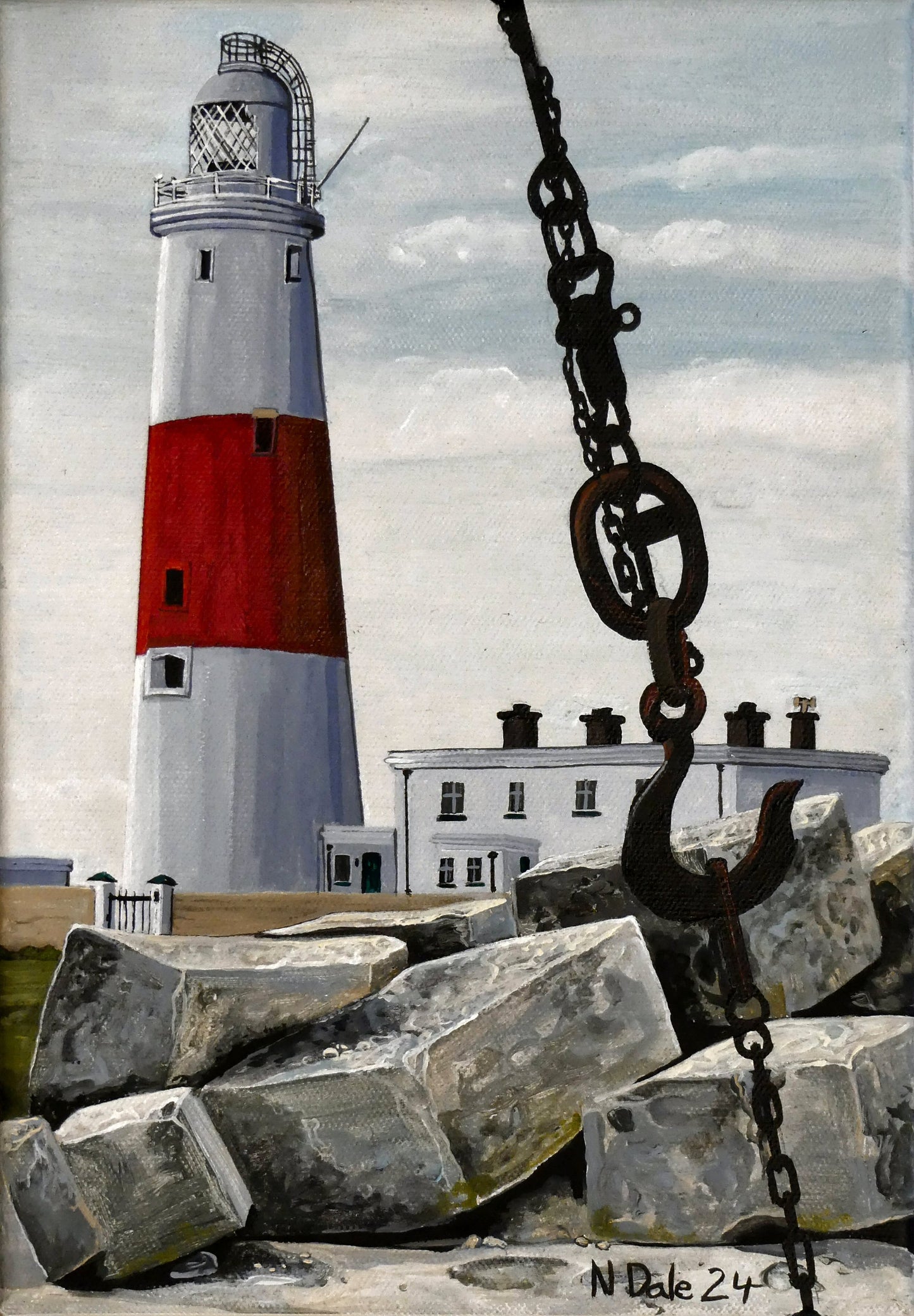 Image of the original painting 'Portland Bill Lighthouse And The Red Crane Hook' by Nick Dale. The painting depicts a close up detail of the hook of the Red Crane at Portland Bill, Dorset with the Portland Bill Lighthouse standing beyond it, behind a pile of quarried stone.