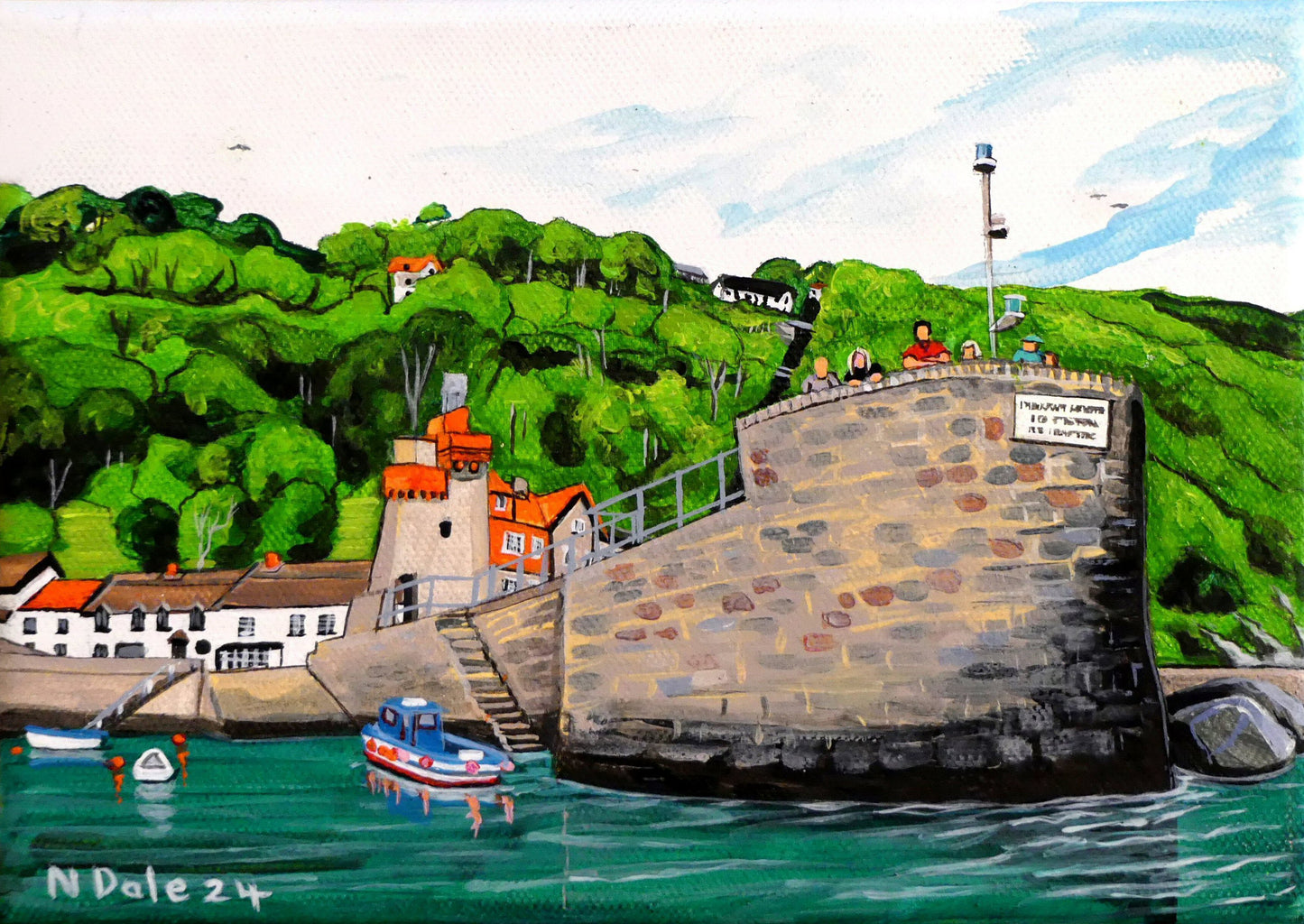 Image of the original painting 'All At Sea At Lynton And Lynmouth' by Nick Dale. The painting depicts a small postcard-sized impression of the mouth of the harbour at Lynmouth (Devon), looking up to the harbour defences, over Riverside Road, and up to the funicular railway and Lynton above. The view was initially observed on the return to Lynmouth on one of the brief sightseeing boat trips operating out of the harbour.