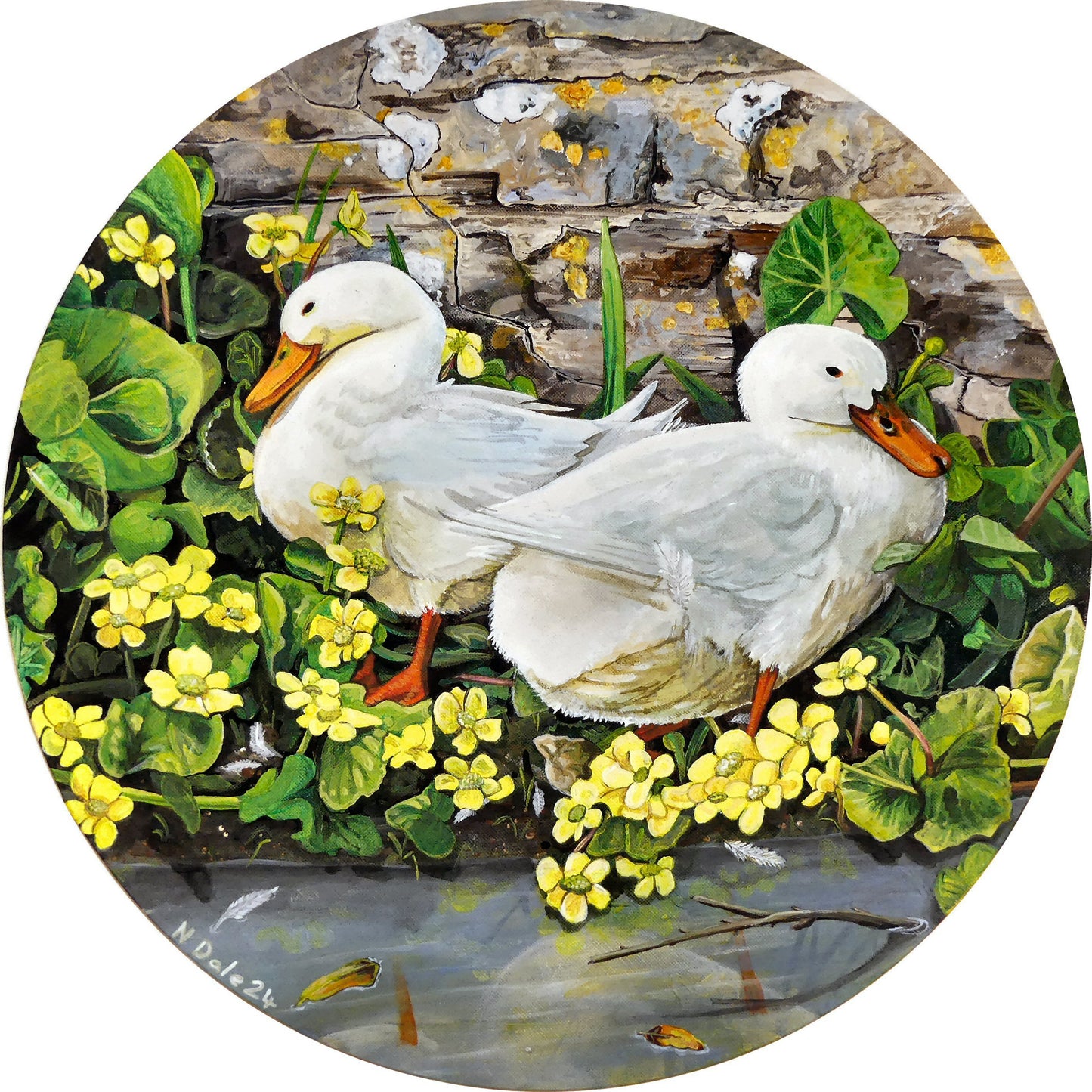 Image of the original painting 'Number Twenty Two At Worth Matravers' by Nick Dale. The painting depicts 2 domestic ducks on the edge of the duck pond at Worth Matravers in Dorset. 'Two Little Ducks' is often used as the call in bingo for the number 22 - hence the title of the painting.