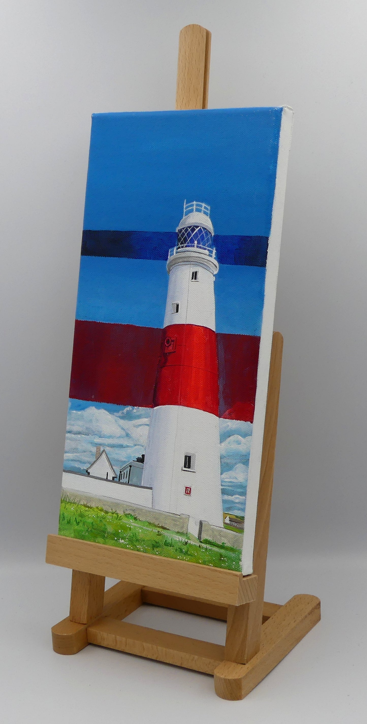 Image of the original painting 'Rothko's Work Experience At Portland Bill Lighthouse' by Nick Dale. The painting depicts what might happen if the abstract painter Mark Rothko worked at Portland Bill Lighthouse in Portland, Dorset.