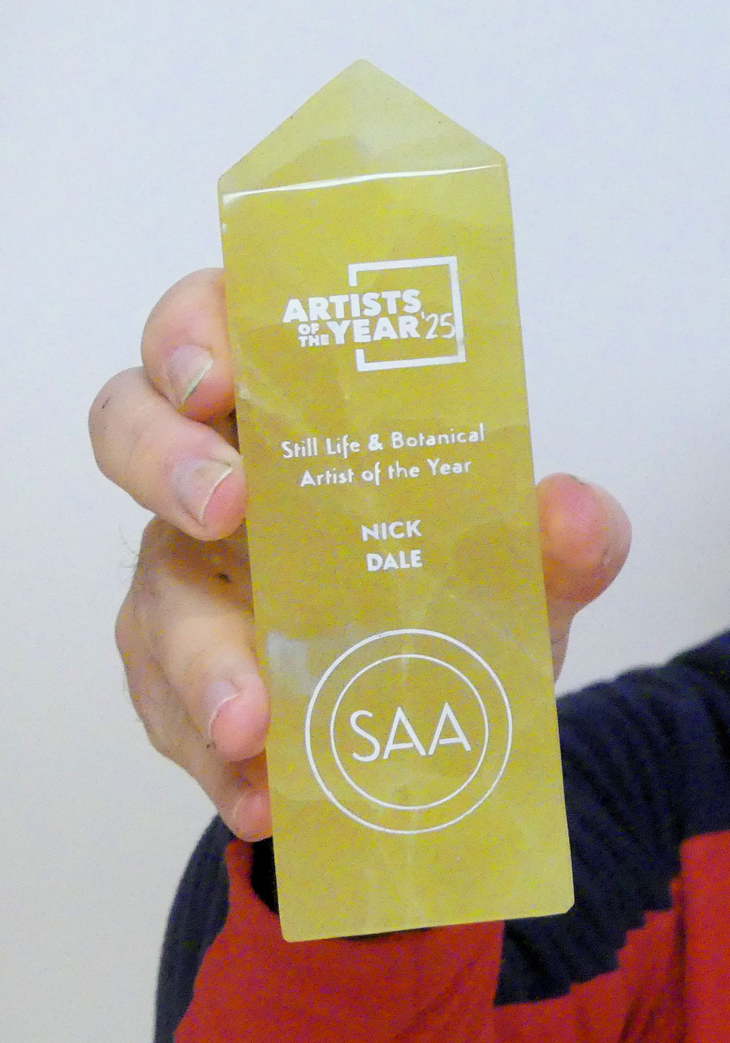 Photo of the SAA Artists of the Year 2025 Trophy won by Nick Dale for the Still life & Botanical Category with the painting 'Don't Be Coy'