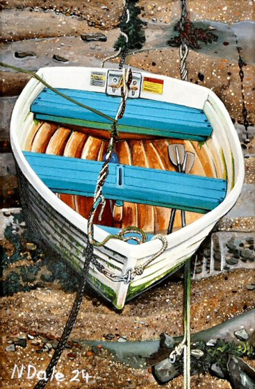 Image of a Small Art Print featuring a copy of the painting 'Tangled Up & Blue' by Nick Dale. The print depicts a small rowing boat sitting on the floor of Lynmouth Harbour at Lynmouth in Devon.