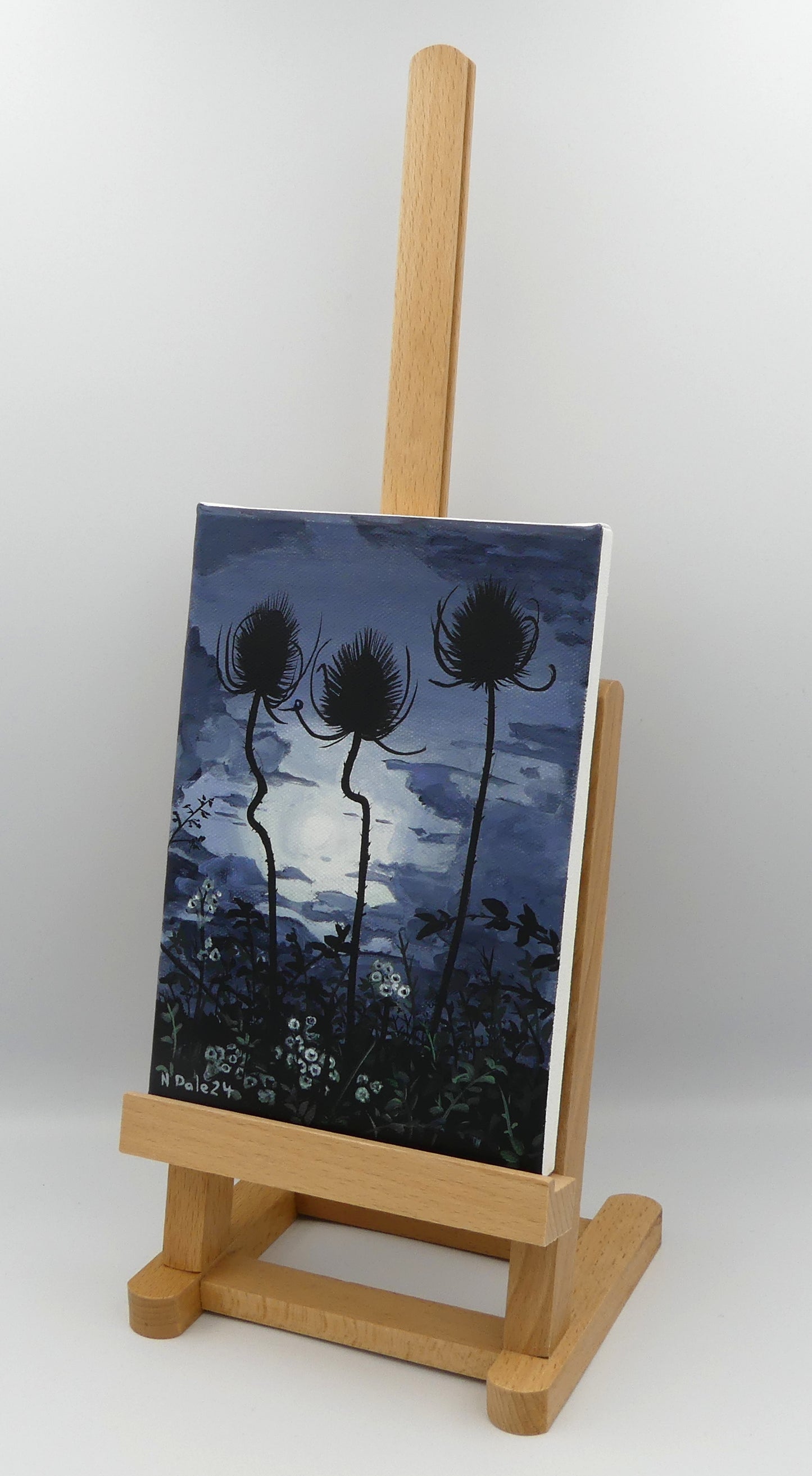 Image of the original painting 'Teasels' by Nick Dale. The painting depicts a small close up view of three teasels growing on a Dorset coastal path.