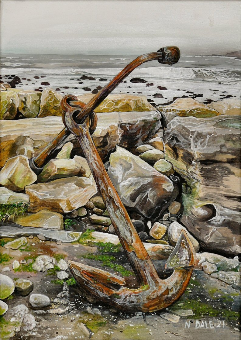 Image of a Medium Art Print featuring a copy of the painting 'The Sea Anchors The Land To The Sky' by Nick Dale. The print depicts an old anchor lying at rest under a leaden sky upon the foreshore at Chapman's Pool, near Worth Matravers, Dorset.