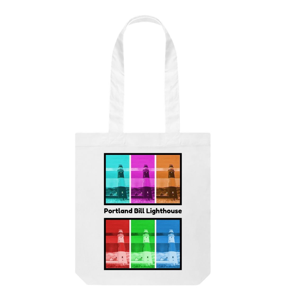 Image of a White Tote Bag featuring 6 digitally modified versions of the painting 'Rothko's Work Experience At Portland Bill Lighthouse' by Nick Dale, with the words 'Portland Bill Lighthouse' written between the lighthouse images that have been divided into 2 groups of 3 versions each. The bag depicts what might happen if the abstract painter Mark Rothko worked at Portland Bill Lighthouse in Portland, Dorset.