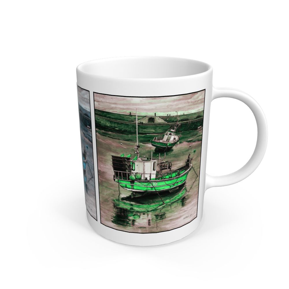 Image of a White Mug featuring multiple modified copies of the painting 'Lyme Regis at Low Tide' by Nick Dale. The mug depicts 3 versions of a sunset scene where the fishing vessels rest on the floor of Lyme Regis harbour whilst the tourists enjoy the view from the Cobb. Each of the 3 versions is tinted a different colour; being red, blue and green.