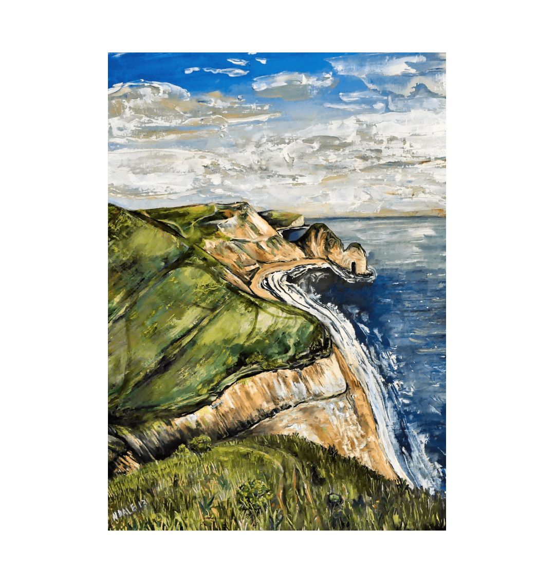 Image of a Large Art Print (A3 size) featuring a copy of the painting 'Durdle Door From The West' by Nick Dale. The print depict a view along the Jurassic Coast to the famous Dorset limestone arch landmark, as seen from the coastal path to the west.