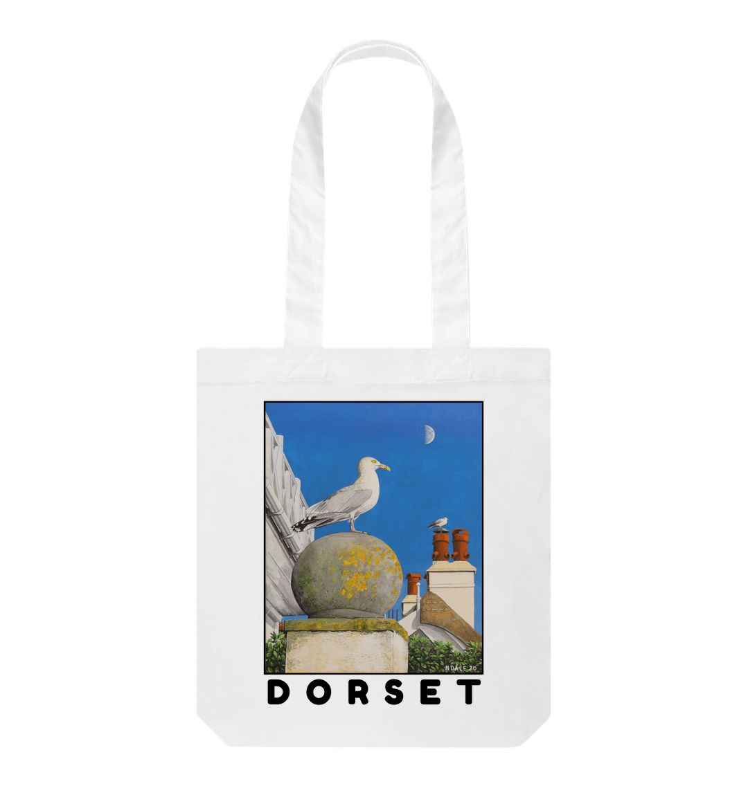 Image of White Tote Bag featuring a copy of the painting 'A View Of The Sea At Lyme Regis' by Nick Dale. The bag depicts a gull and buildings along Marine Parade, Lyme Regis.
