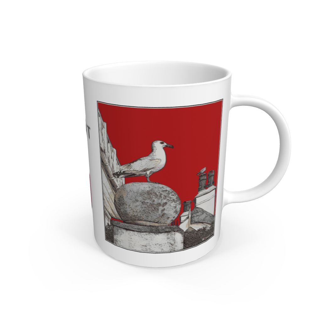 Image of a White Mug featuring a modified copy of the painting 'A View Of The Sea At Lyme Regis' by Nick Dale - this being the 'Red' version. The mug depicts a gull and buildings along Marine Parade, Lyme Regis.
