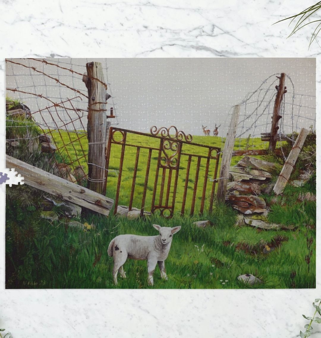 Image of a 1000 Piece Jigsaw Puzzle featuring a copy of the painting 'The Gate' by Nick Dale. As displayed partially completed on a marble surface. The jigsaw depicts a lamb in front of an ornamental garden gate reused by a farmer somewhere in North Devon, probably to the south of Valley of Rocks, Lynton. The lamb was observed on Lundy Island, Devon.