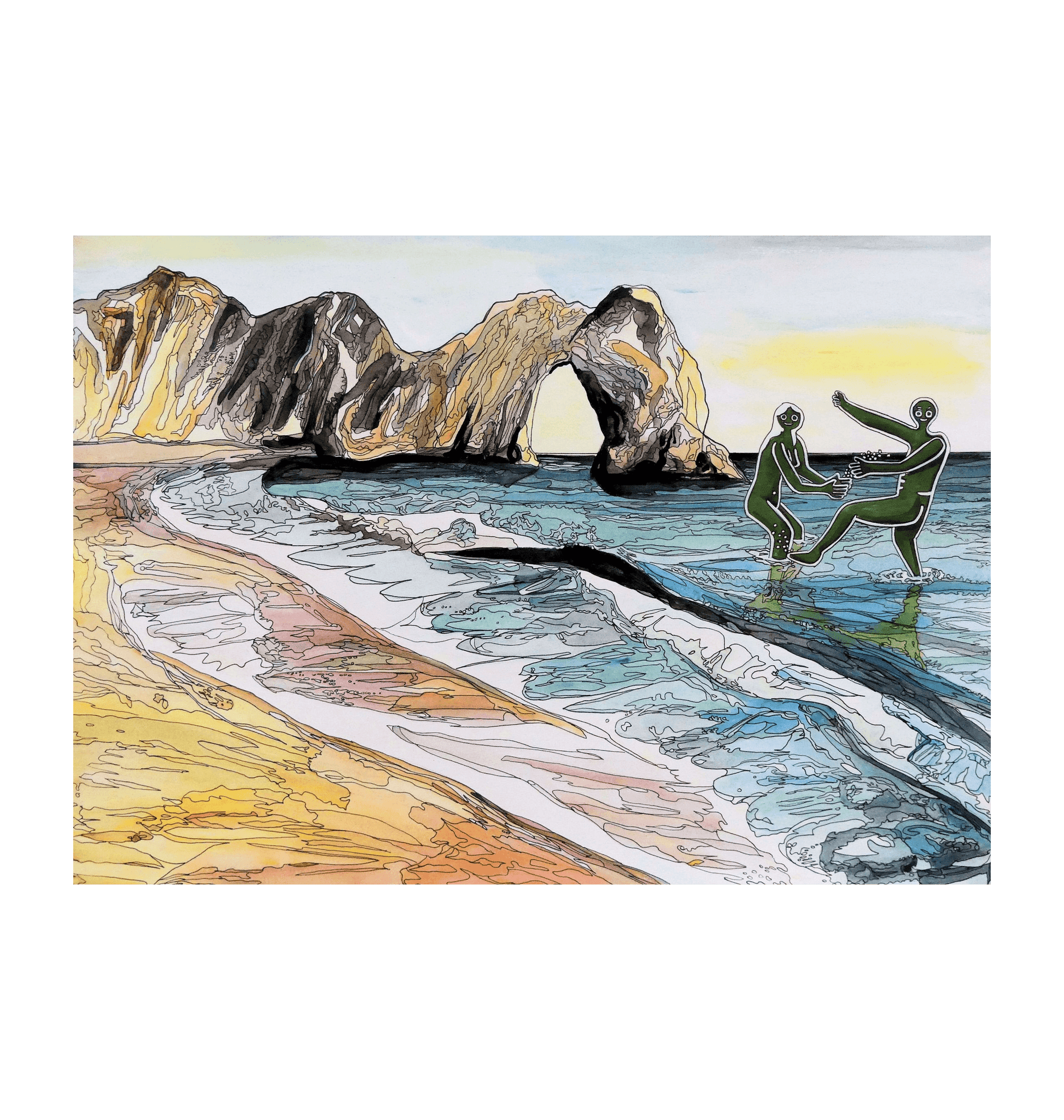 Image of a Large Art Print featuring a copy of the painting 'Mr & Mrs Cerne Abbas Giant Cavorting At Durdle Door' by Nick Dale. The scene imagines the future Mr & Mrs Cerne Abbas Giant's first date at Durdle Door; where they cavort in the water in front of the famous Dorset landmark.
