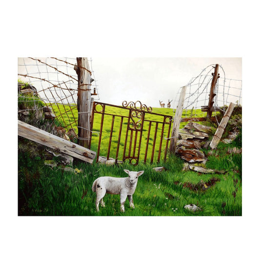 Image of a Large Art Print (A3 size) featuring a copy of the painting 'The Gate' by Nick Dale. The print depicts a lamb in front of an ornamental garden gate reused by a farmer somewhere in North Devon, probably to the south of Valley of Rocks, Lynton. The lamb was observed on Lundy Island, Devon.