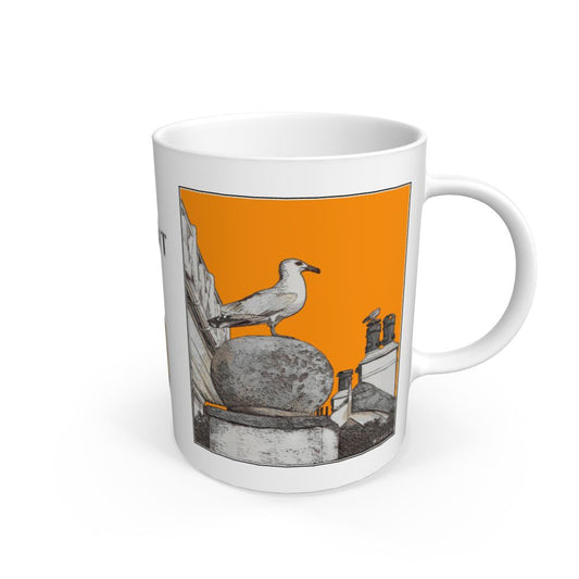 Image of a White Mug featuring a modified copy of the painting 'A View Of The Sea At Lyme Regis' by Nick Dale - this being the 'Orange' version. The mug depicts a gull and buildings along Marine Parade, Lyme Regis.