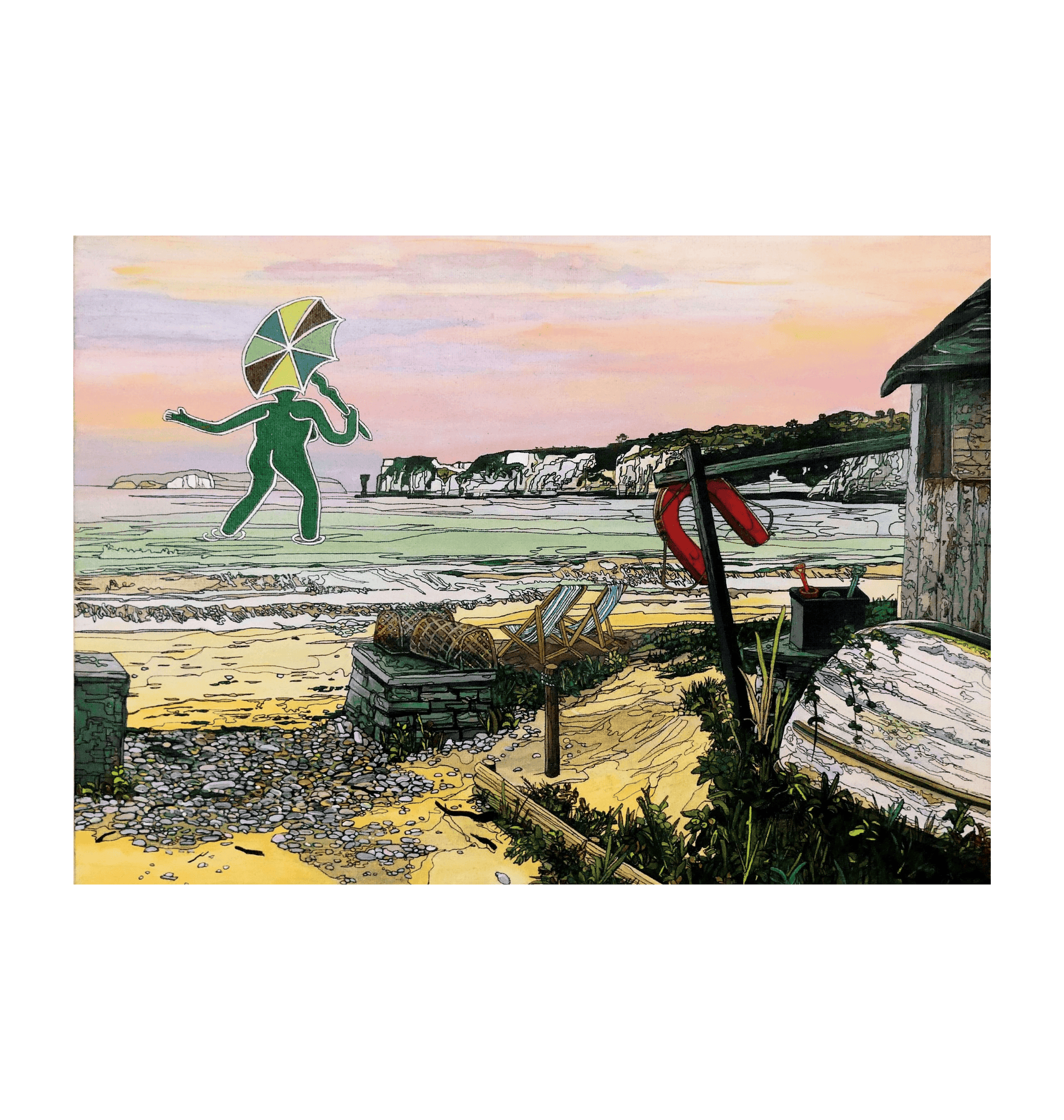 Image of a Large Art Print featuring a copy of the painting 'Mrs Cerne Abbas Giant Visits Studland' by Nick Dale. The print imagines the Cerne Abbas Giant's wife visiting the seaside at Studland Beach; with Old Harry Rocks and the Isle of Wight in the distance.