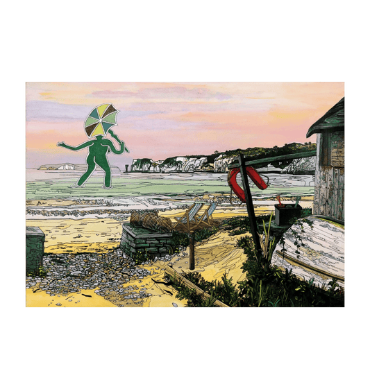 Image of a Large Art Print featuring a copy of the painting 'Mrs Cerne Abbas Giant Visits Studland' by Nick Dale. The print imagines the Cerne Abbas Giant's wife visiting the seaside at Studland Beach; with Old Harry Rocks and the Isle of Wight in the distance.