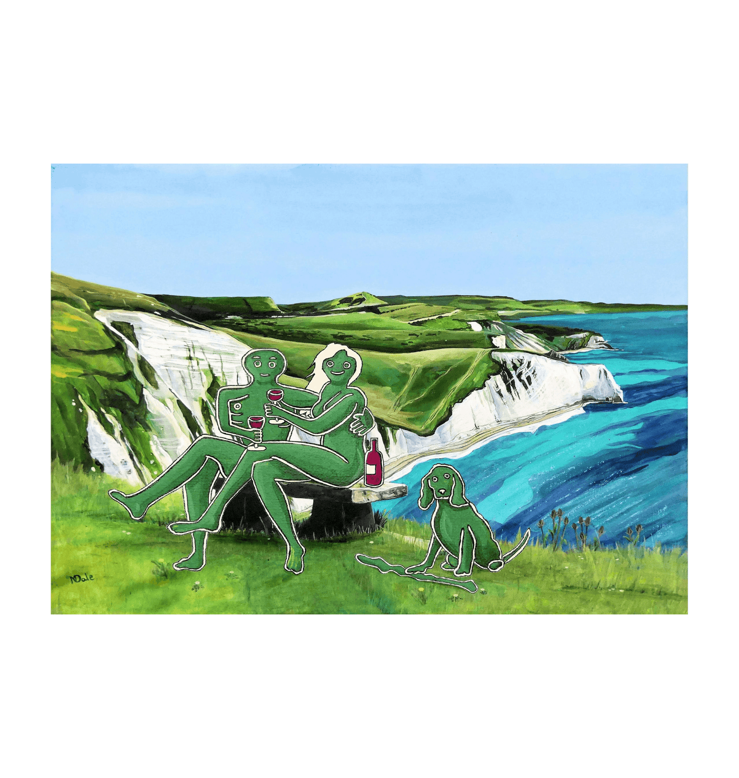 Image of a Large Art Print (A3 size) featuring a copy of the composite painting 'Mr & Mrs Cerne Abbas Giant's Picnic At White Nothe' by Nick Dale. The print depicts Mr & Mrs Cerne Abbas Giant having a merlot picnic whilst on a date along the Dorset coast at the White Nothe, east of Weymouth. They are joined on the date by their cocker spaniel dog.