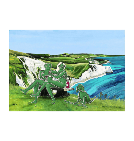 Image of a Large Art Print (A3 size) featuring a copy of the composite painting 'Mr & Mrs Cerne Abbas Giant's Picnic At White Nothe' by Nick Dale. The print depicts Mr & Mrs Cerne Abbas Giant having a merlot picnic whilst on a date along the Dorset coast at the White Nothe, east of Weymouth. They are joined on the date by their cocker spaniel dog.
