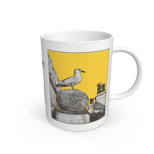 Image of a White Mug featuring a modified copy of the painting 'A View Of The Sea At Lyme Regis' by Nick Dale - this being the 'Yellow' version. The mug depicts a gull and buildings along Marine Parade, Lyme Regis.
