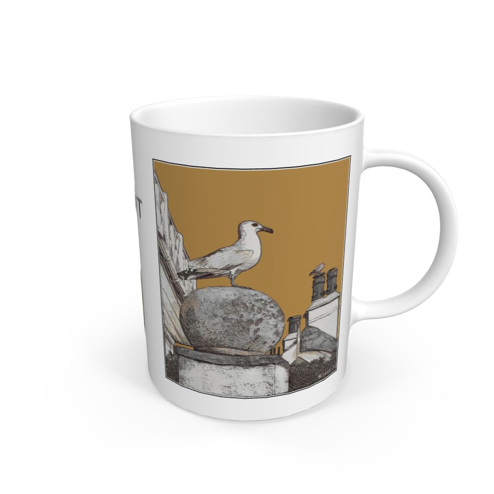 Image of a White Mug featuring a modified copy of the painting 'A View Of The Sea At Lyme Regis' by Nick Dale - this being the 'Light Brown' version. The mug depicts a gull and buildings along Marine Parade, Lyme Regis.