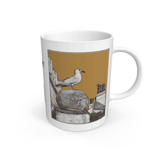 Image of a White Mug featuring a modified copy of the painting 'A View Of The Sea At Lyme Regis' by Nick Dale - this being the 'Light Brown' version. The mug depicts a gull and buildings along Marine Parade, Lyme Regis.