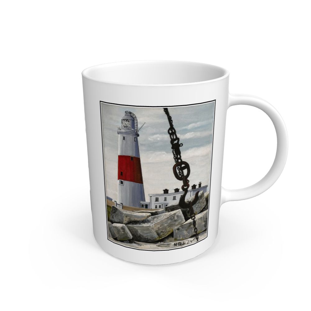 White Portland Bill Lighthouse And The Red Crane Hook: White Mug