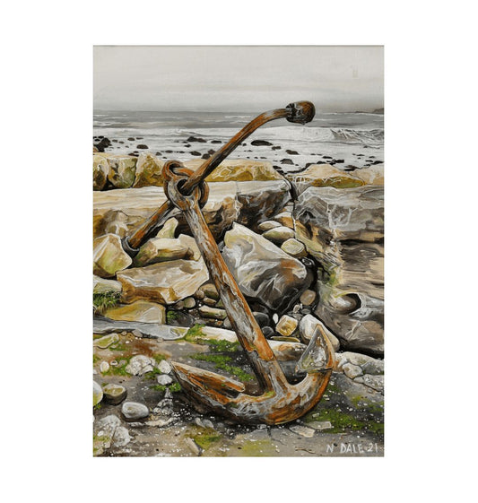 Image of a Large Art Print (A3 size) featuring a copy of the painting 'The Sea Anchors The Land To The Sky' by Nick Dale. The print depicts an old anchor lying at rest under a leaden sky upon the foreshore at Chapman's Pool, near Worth Matravers, Dorset.