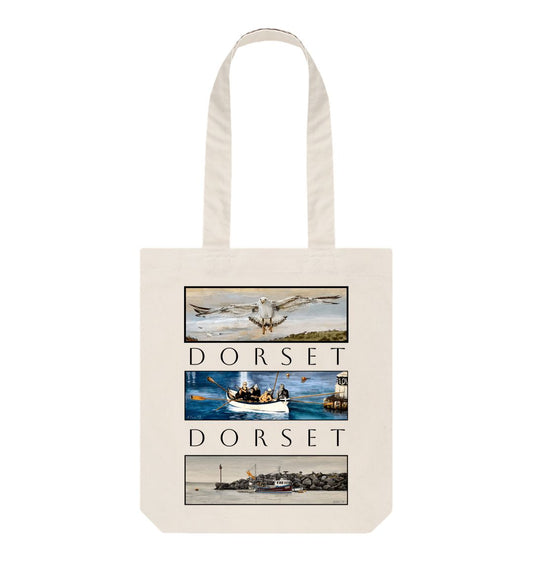 Image of Natural Tote Bag featuring 3 Scenes Of Dorset. The scenes are derived from 3 original paintings by Nick Dale and are separated from each other vertically by the word 'Dorset'. 
