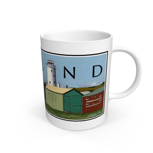 Image of a White Mug featuring a copy of the painting 'The Beach Hut Phalanx Of Portland Bill' by Nick Dale. The mug depicts a line of beach huts at Portland Bill, Dorset. The line forms one side of a grassy quad area on the famous Dorset promontory. The Old Lower Lighthouse can be seen standing over them. The word 'PORTLAND' is written across the mug, with the letter 'A' replaced by the Old Lower Lighthouse.