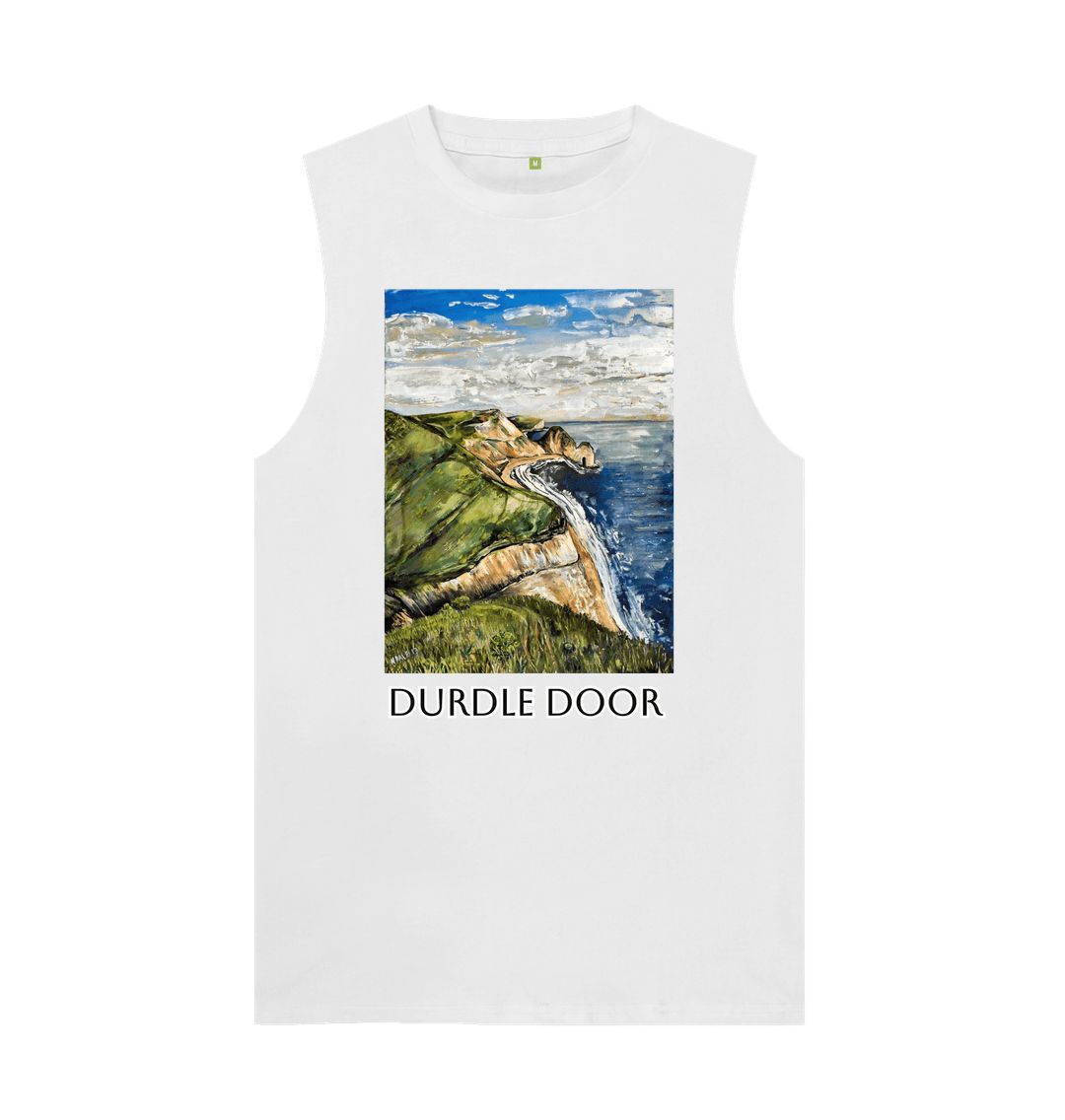 Image of a White Men's Organic Cotton Vest featuring a copy of the painting 'Durdle Door From The West' by Nick Dale with the words 'Durdle Door' written below it. The vest depicts a view along the Jurassic Coast to the famous Dorset limestone arch landmark, as seen from the coastal path to the west.