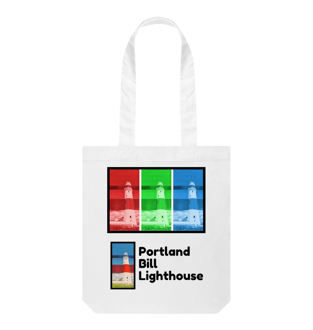 Image of a White Tote Bag featuring a copy of the painting 'Rothko's Work Experience At Portland Bill' by Nick Dale, as well as 3 digitally modified versions of the same painting. The words 'Portland Bill Lighthouse' are written in the bottom right corner. The scene imagines what might happen if the abstract painter Mark Rothko worked at Portland Bill Lighthouse in Portland, Dorset.